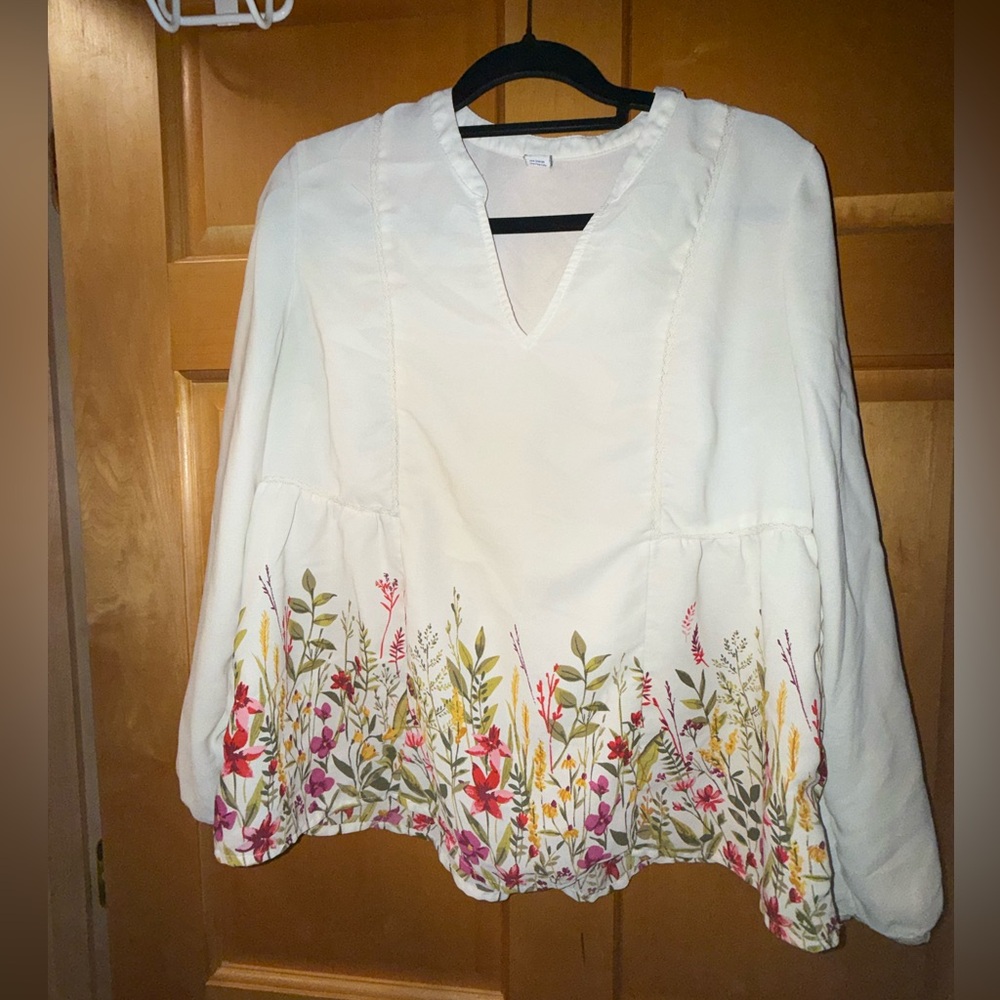 Old Navy White Blouse with Colorful Floral Design